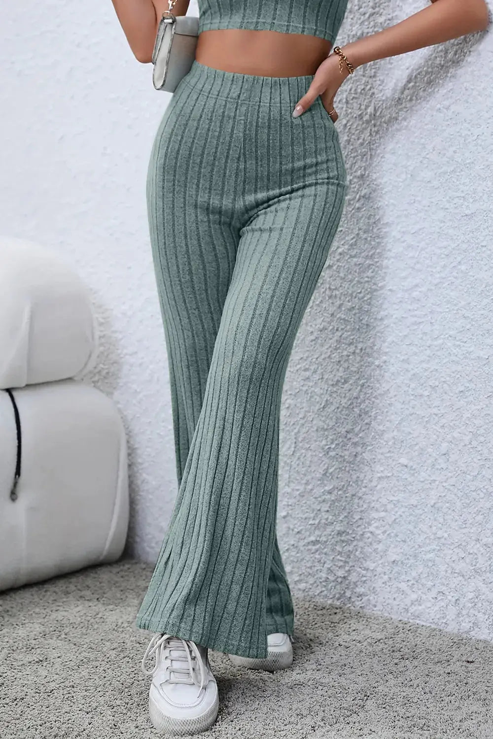 Basic Bae Full Size Ribbed High Waist Flare Pants - Love Salve
